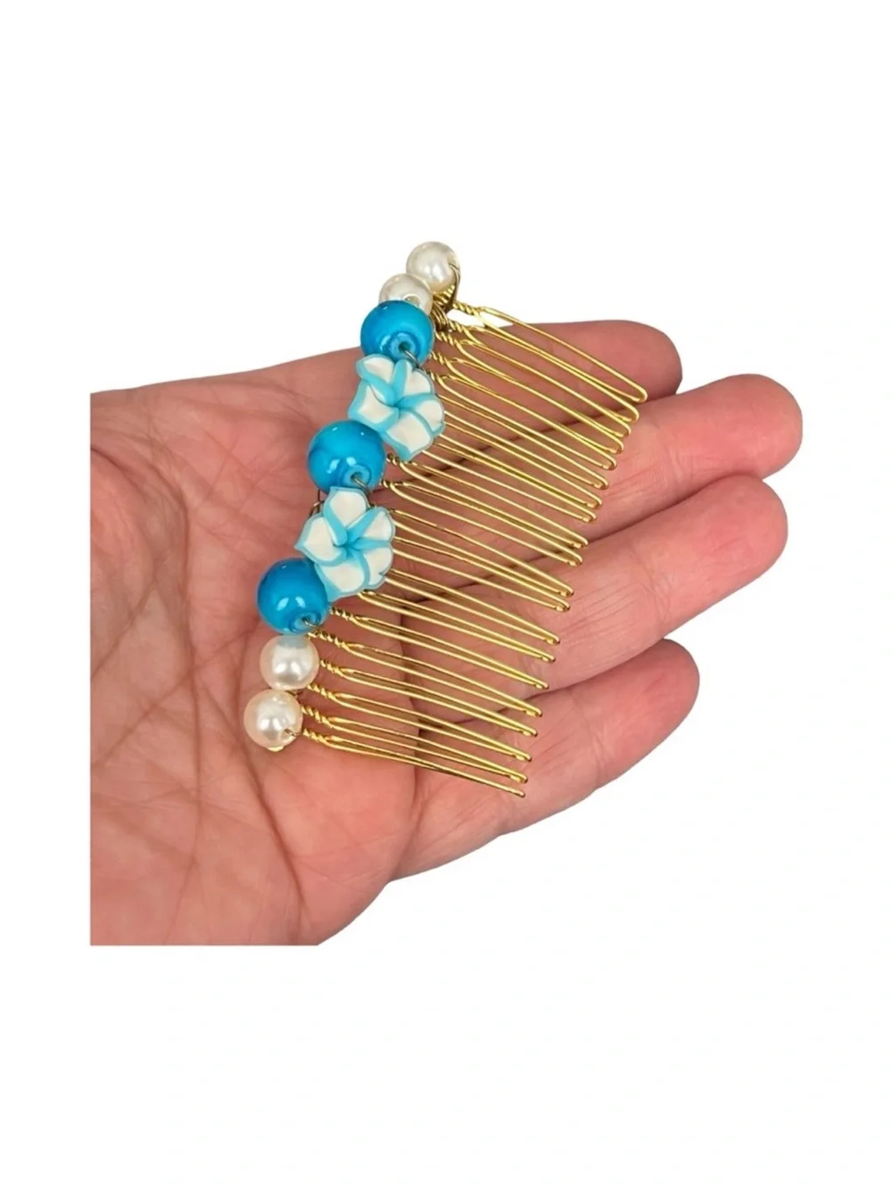 Gold  Beaded Hair Comb with Blue Floral Accents 3.0”FINAL PRICE DROP